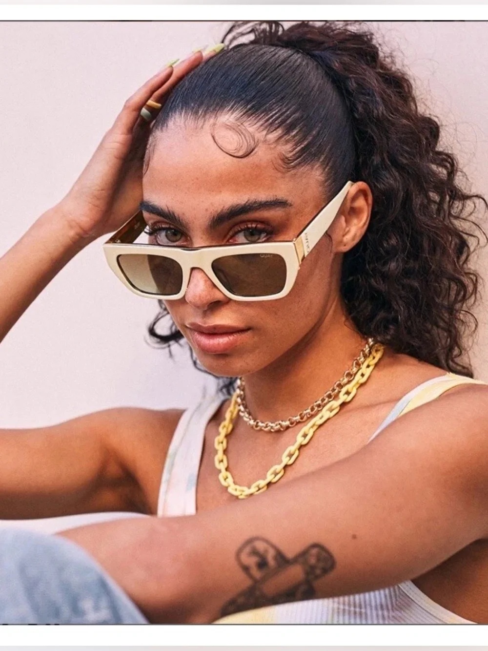 Quay Australia Dollar Signs Sunglasses Ivory/Brown Gold Polarized Cat Eye Trendy